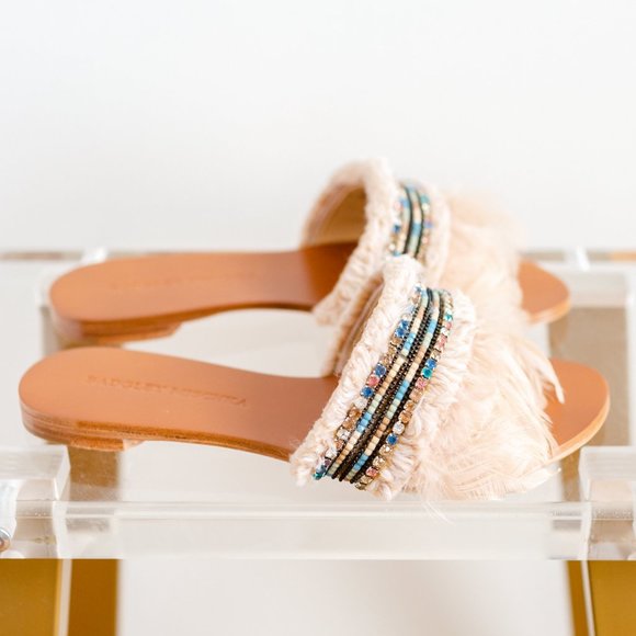 Badgley Mischka Fortune Slide Sandal African 5.5 Nude Cream Feather - Picture 8 of 11